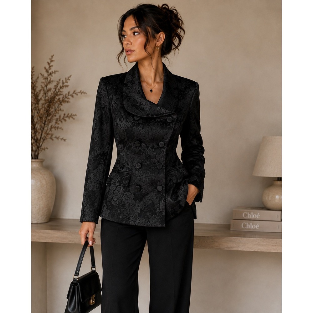 Moda International Vintage Black Floral Jacquard Double Breasted Blazer Y2K